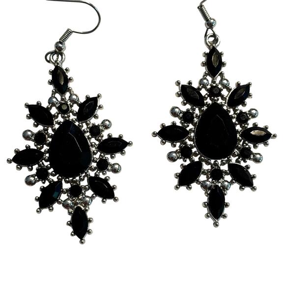 Ornate pierced earrings drop dangle silvertone & black faceted rhinestone drama - Picture 1 of 7